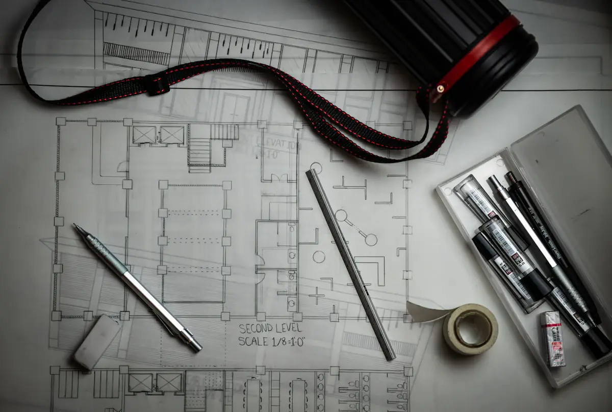 Architectural blueprints with drafting pencils and ruler for renovation planning