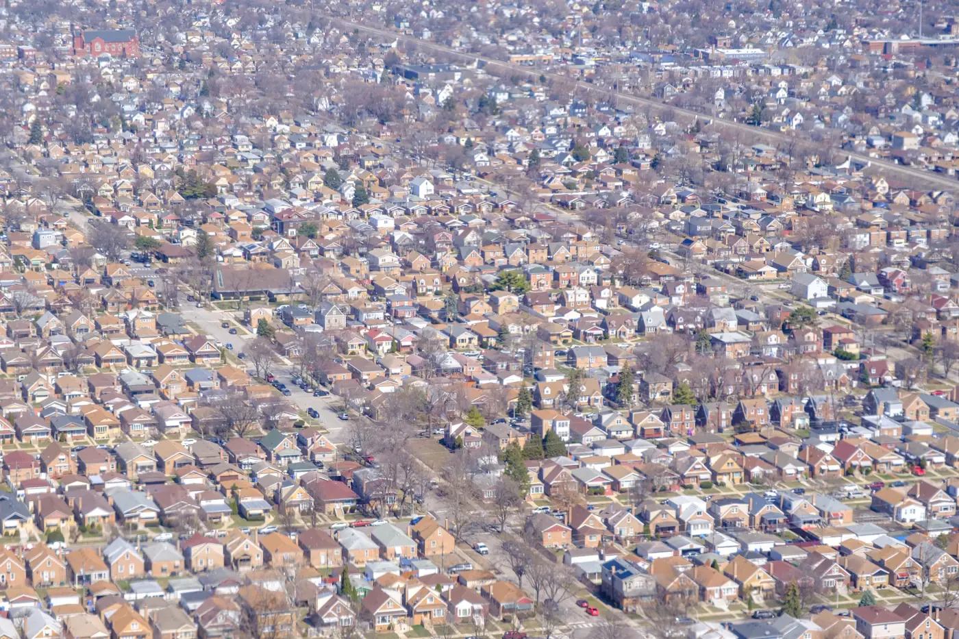 Aerial view of a dense residential neighborhood