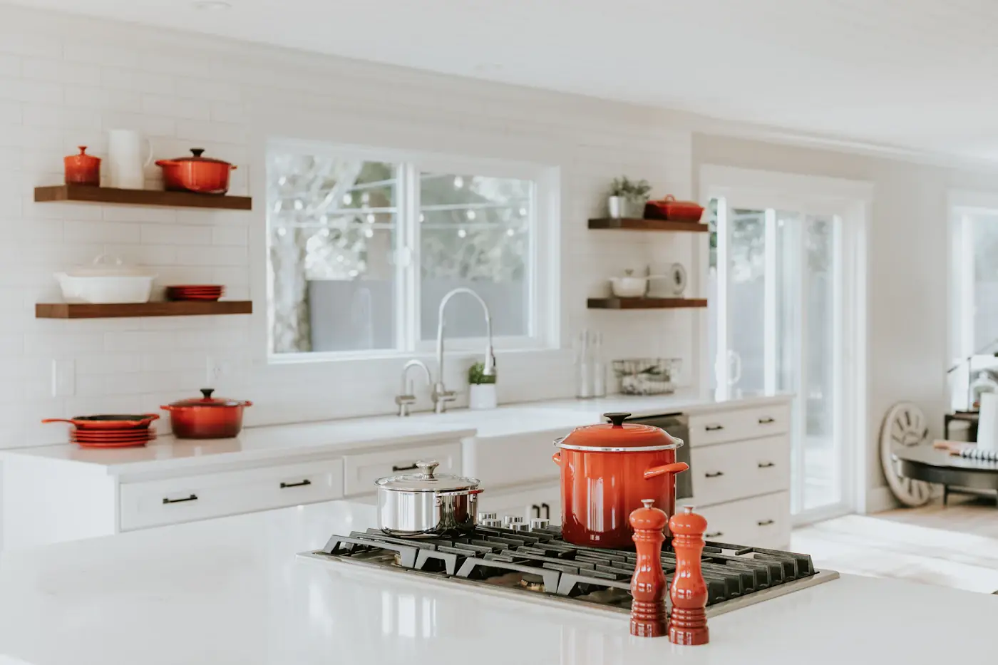 Modern renovated kitchen detail with cookware on the counter