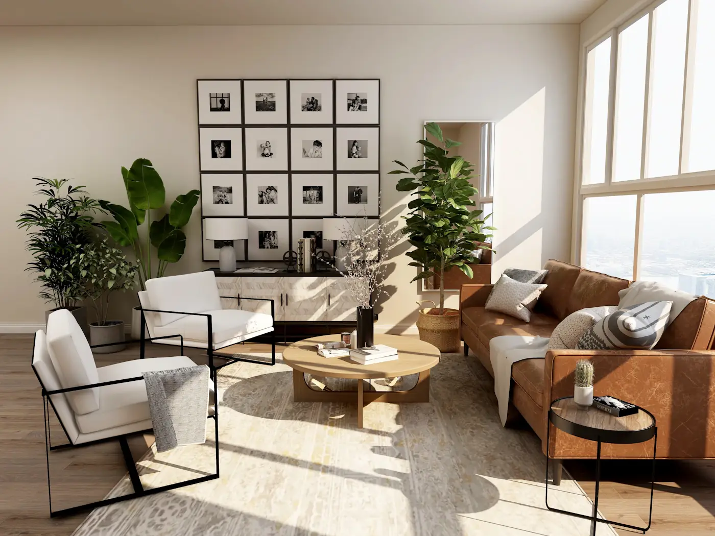 Bright renovated living room with gallery wall